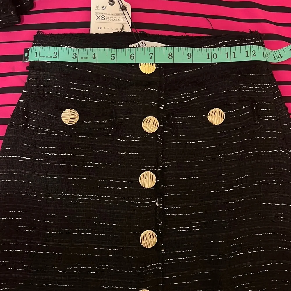 Zara Black Tweed Texture Gold Metallic Buttons Front Slit Midi Pencil Skirt - Picture 12 of 16